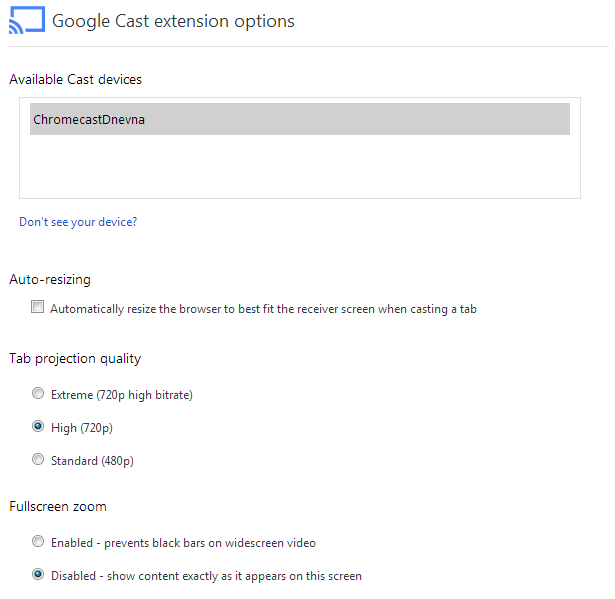 Google Cast Chrome tab opcije