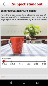 Interaktivno učenje efekta otvora blende - povlačenjem klizača odmah se prikazuje kako se različite aperture size odražava na konačnu fotografiju