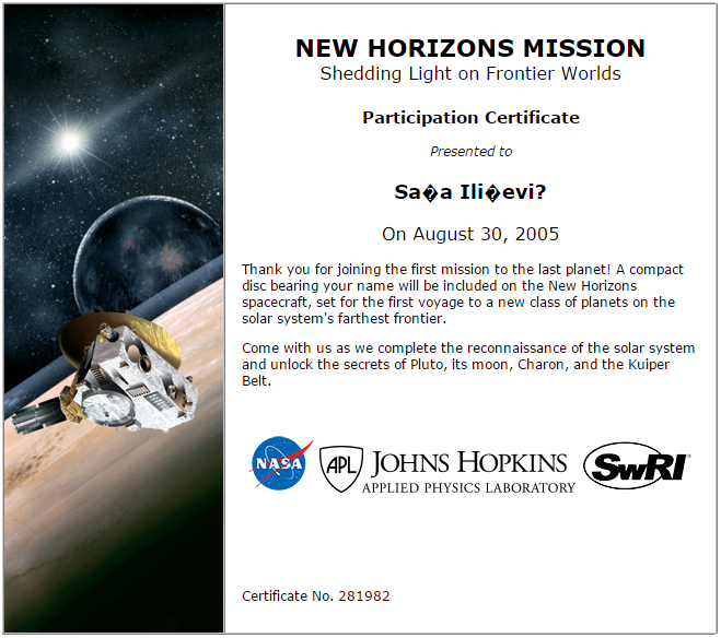 Čitajte i plačite od zavisti - ako vam se ime nalazi na CD-ROMu, NASA će vam izgenerirati ovaj certifikat s kojim se možete hvaliti okolo