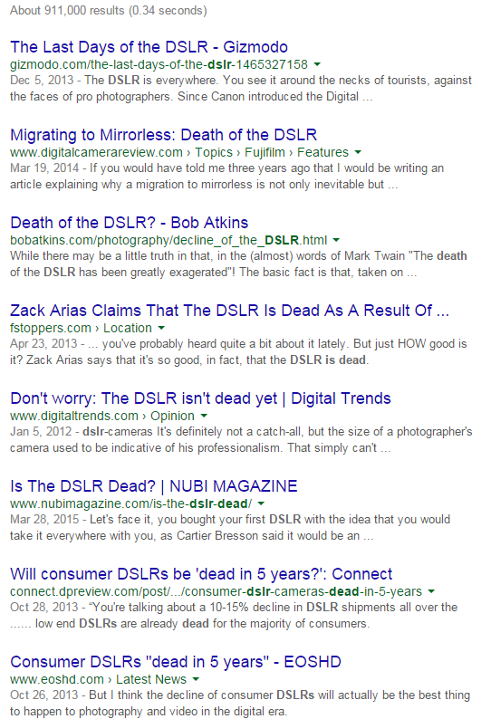 SLR je mrtav kliče se na 900.000 mjesta na internetu - nekad kao flamebait, nekad kao jednostavno "novinarski naslov", ali svejedno nisam primijetio da su SLR-ovi nestali....